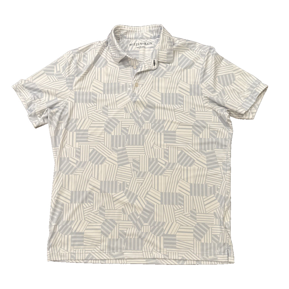 Mizzen Main Polo Shirt Mens Medium White Grey Geometric Classic Golf Performance